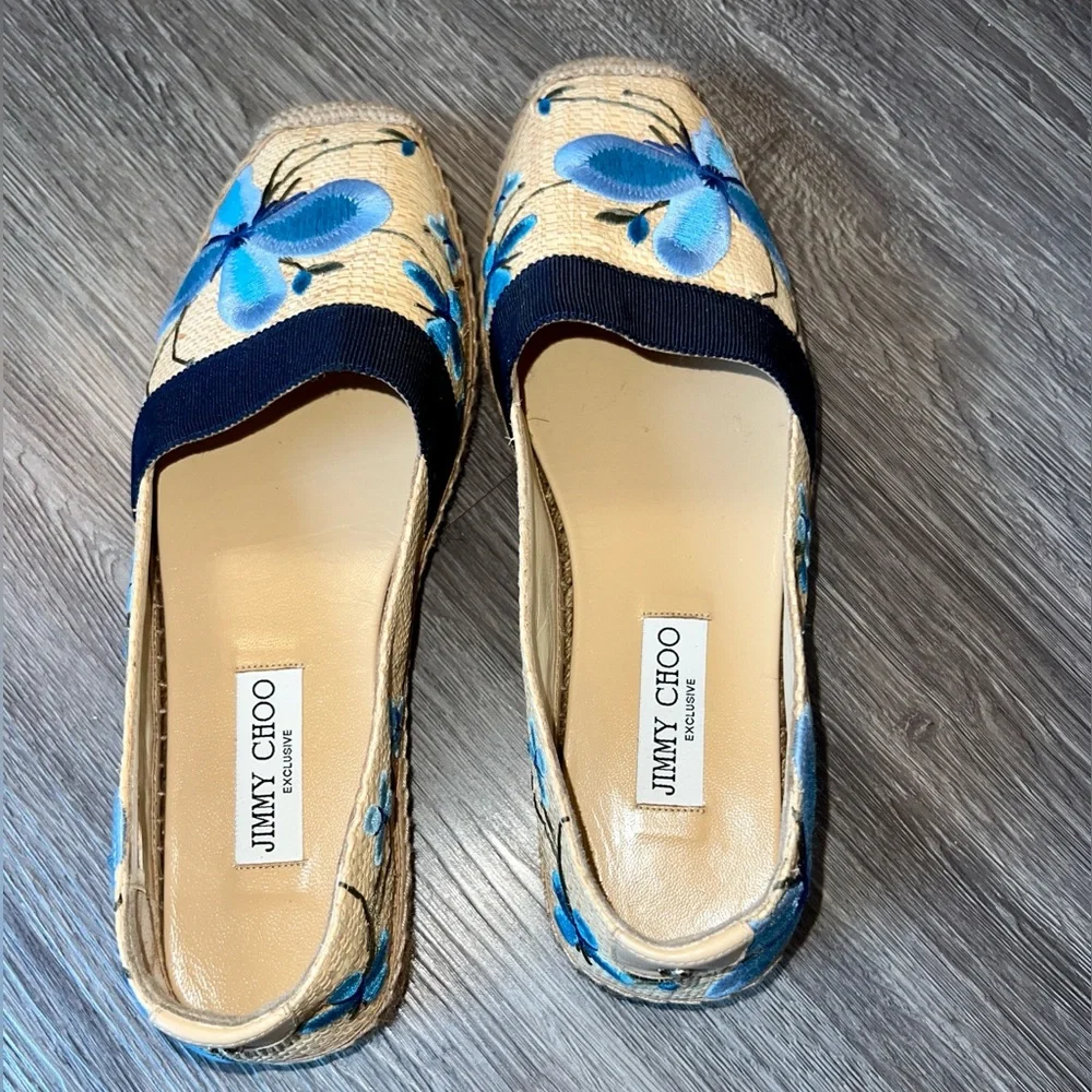 NWOB $345 Jimmy Choo Floral Espadrille Flats Blue Butterfly Espadrilles Shoes